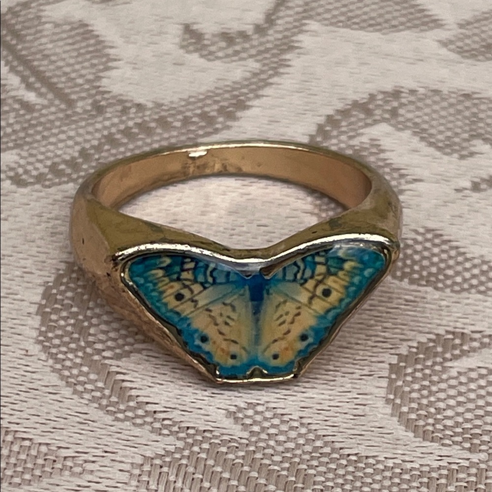 Gold Tone Butterfly Statement Ring with Blue and Cream Enamel - Picture 1 of 4